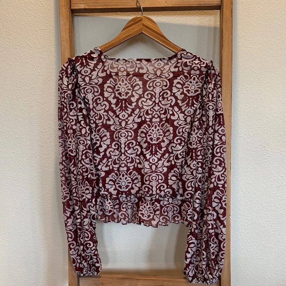 Anthropologie Burgundy and White Floral Print V-Neck Blouse